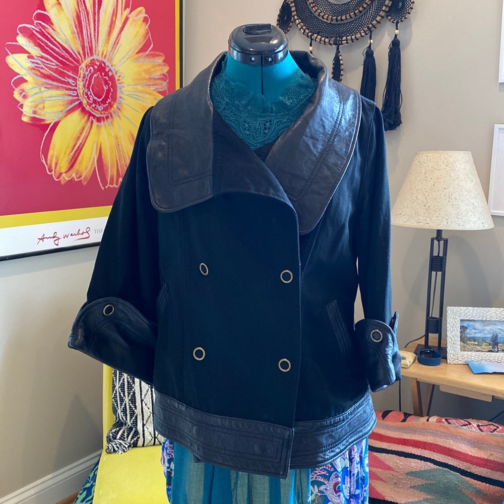 Mike & Chris Canvas and leather double breasted 3/4 length sleeve jacket